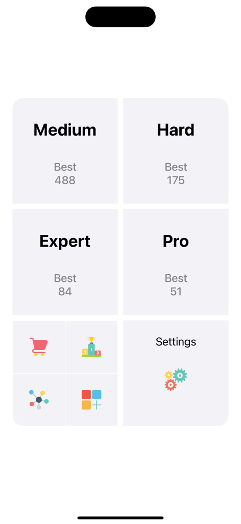 Tricky Eyes: Color Challenge - Game difficulty selection screen in Tricky Eyes Color Challenge showing Medium Hard Expert and Pro modes with best scores