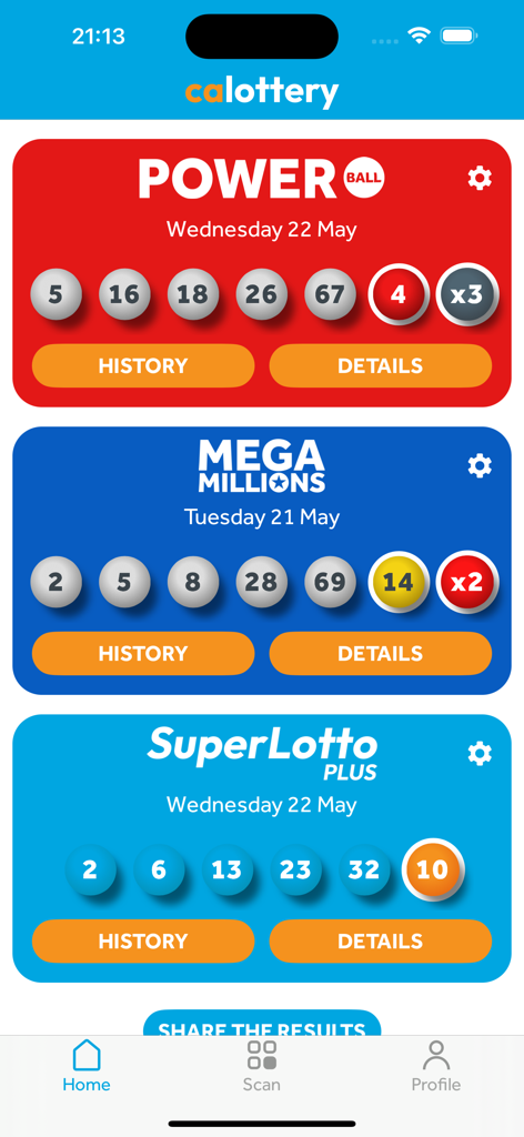 California Lottery Scanner app home screen displaying results for Powerball, Mega Millions, and SuperLotto Plus