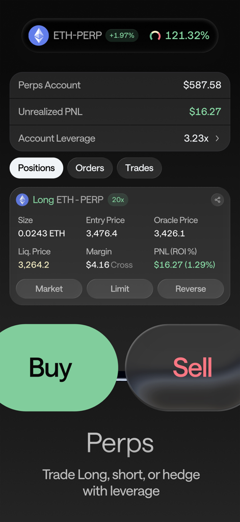 Vera - The Sui Super Wallet - Mobile trading interface of Vera Sui Super Wallet showing ETH perpetuals leverage and profit loss