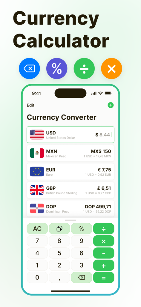 Currency Converter – Moneta - Moneta-App-Währungsrechner-Oberfläche mit mehreren Währungskursen und Taschenrechner-Tastenfeld