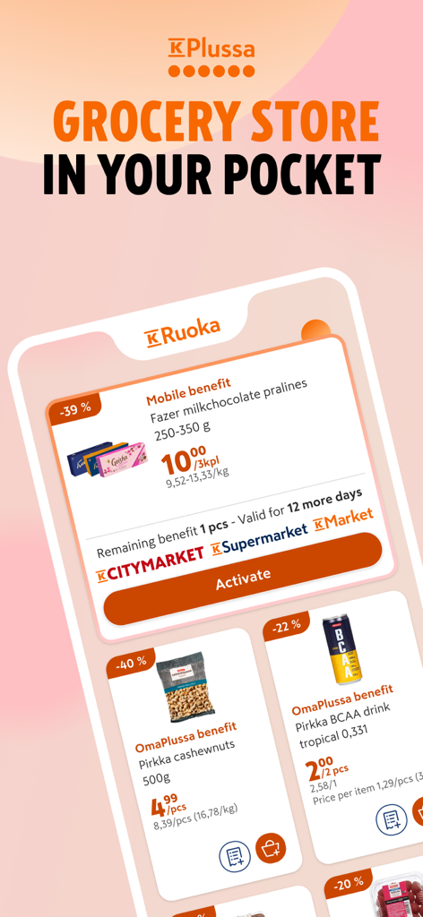 K-Ruoka mobile App-Bildschirm mit personalisierten Lebensmittelvorteilen und Rabatten mit dem Text Lebensmittelgeschäft in Ihrer Tasche
