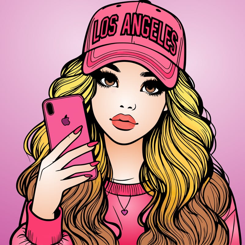realistic beautiful girl wearing los ángeles cap holding an iphone