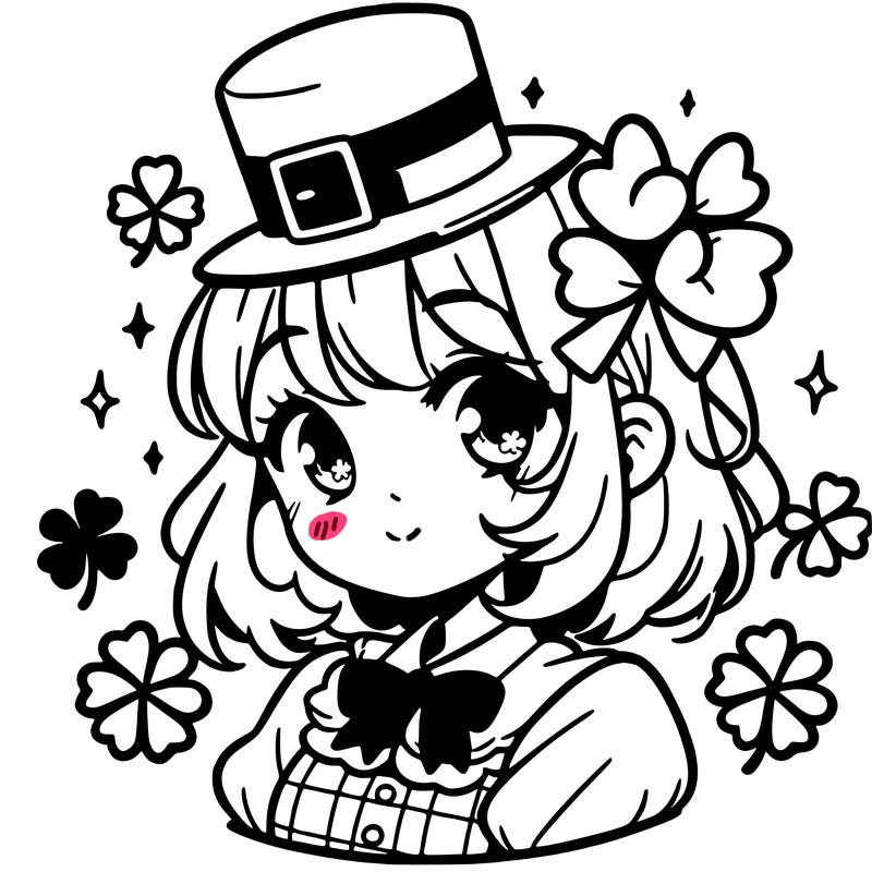 a manga-style girl with clovers around her, a little hat in her hair, like it's saint patrick's day
