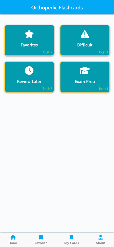 Orthopedic Flash Cards & Notes - Pantalla de la aplicación Tarjetas de memoria de ortopedia que muestra categorías de estudio para Favoritos, Difícil, Revisar más tarde y Preparación para el examen.