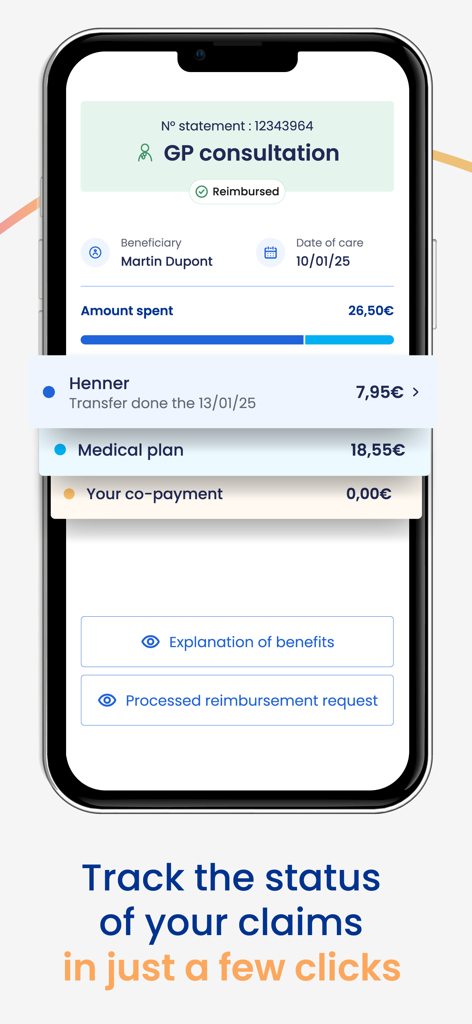 A mobile screen from Henner plus app showing a reimbursed GP consultation claim with a breakdown of costs.