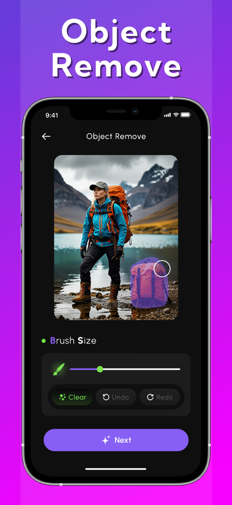 AI写真編集アプリのモバイルインターフェース。オブジェクト除去機能を使用して、山のハイカーの写真からバックパックをハイライトして削除しています。
