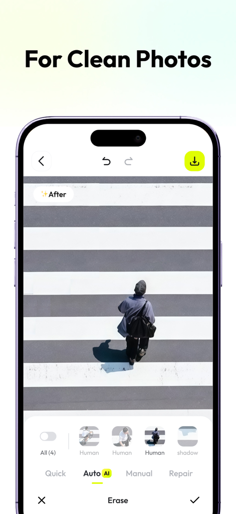 AnyEraser: Remove Objects AI - Interfaz de la aplicación móvil AnyEraser que muestra funciones de eliminación de objetos con IA para fotos limpias