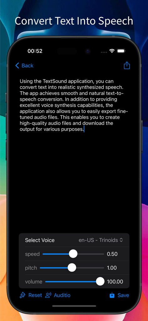 TextSound Saver - Interface of TextSound Saver showing text to speech conversion with speed and pitch controls