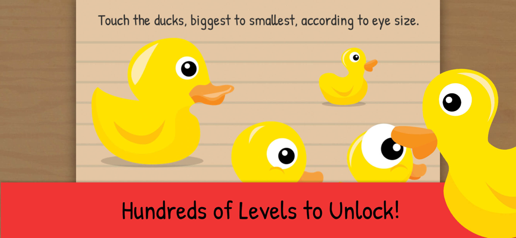 Un complicado rompecabezas de lógica en The Moron Test pidiendo al usuario que toque los patos del más grande al más pequeño según el tamaño del ojo