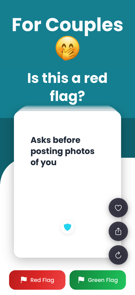 Red Flag: Couple Questions - A mobile app interface for couples titled Is this a red flag with a question card about asking before posting photos
