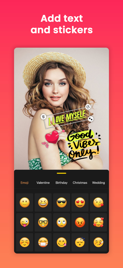 Interface do aplicativo Quick Edit mostrando um retrato sendo personalizado com adesivos de texto e um menu de seleção de emoji