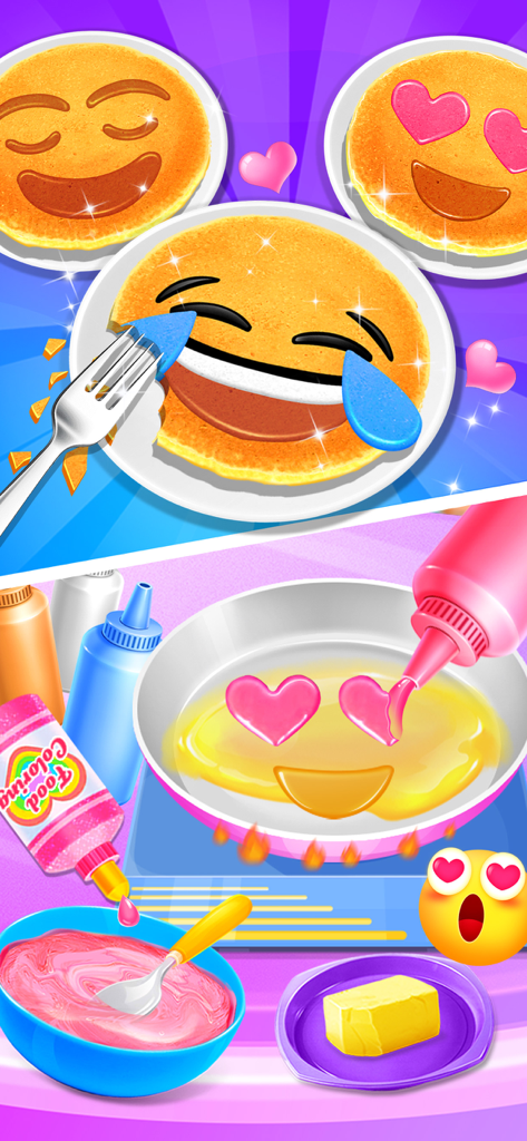 Children's cooking game showing pancakes decorated with emoji faces and batter cooking in a pan.