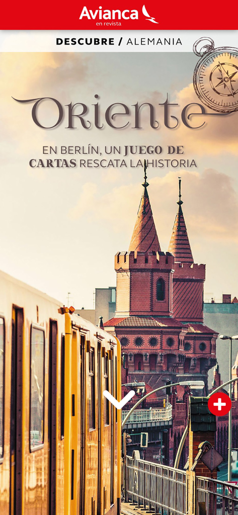 Avianca en Revista - Schermata dell'app Avianca en Revista che mostra un articolo di viaggio su Berlino con un treno giallo e un ponte storico.