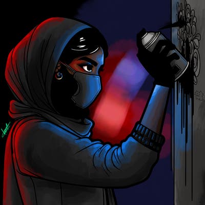 realistic girl with mask spray painting a wall