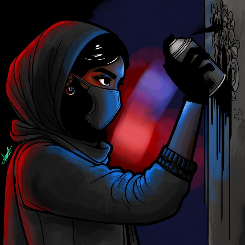 realistic girl with mask spray painting a wall