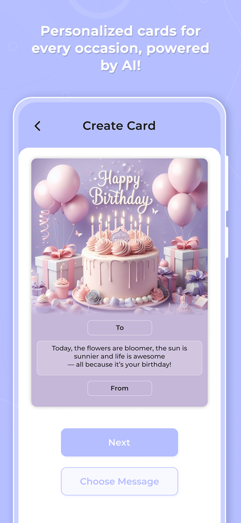 GreetingAI - AI Card Maker - Personalized AI birthday card design with cake and balloons in the GreetingAI app