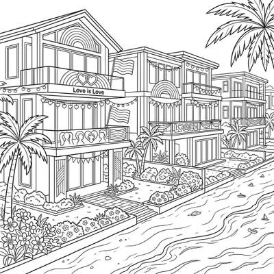 Immerse yourself in a world of luxury and love with this vibrant coloring page featuring exquisite beachfront mansions. Adorned with festive Pride Month decorations, it's a perfect way to celebrate diversity and joy by the sea.
