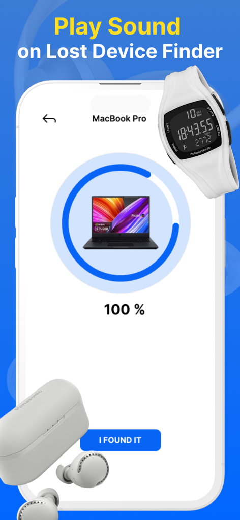 Bluetooth Finder : Ble Scanner - Bluetooth Finder app interface showing a lost MacBook Pro being tracked with a sound alert at 100 percent signal strength