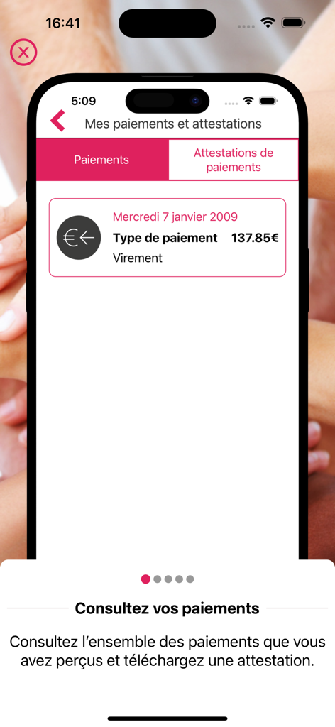 IRCEM Espace Client - Interface de l'application mobile IRCEM Espace Client affichant une liste d'historique des paiements et des options de téléchargement de certificats.