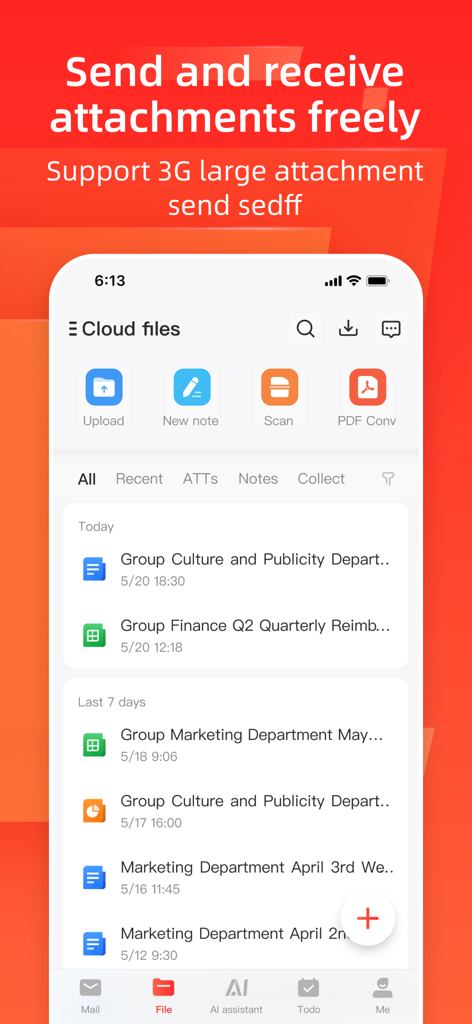 Mail Master app screen showing cloud file management and large attachment support.