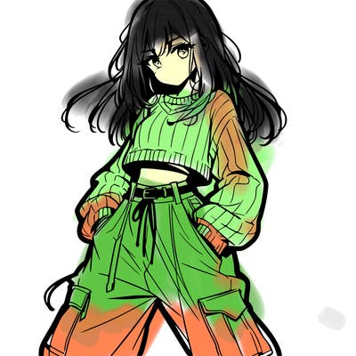 anime teen girl with baggy pants and crop top with sweater