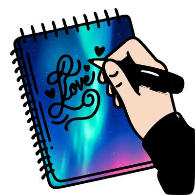 a hand writing “love” in calligraphy on a notebook