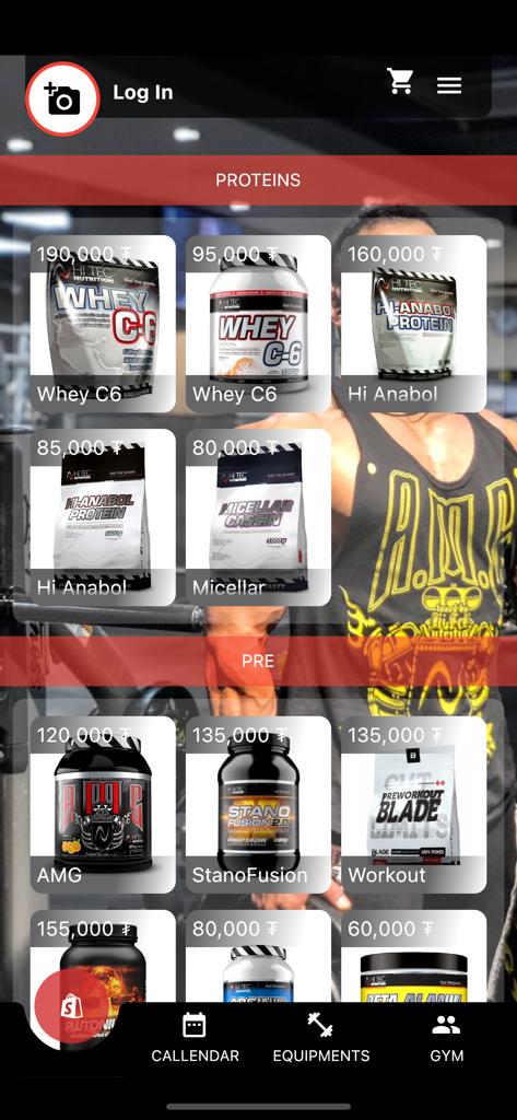 Goku Gym - Interfaz de la aplicación móvil que muestra una variedad de suplementos de proteína en polvo y pre-entrenamiento a la venta con precios