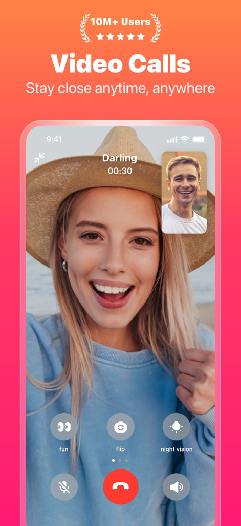 JusTalk - Video Chat & Calls - Pantalla de videollamada de la aplicación JusTalk que muestra una videollamada de alta calidad entre una mujer y un hombre