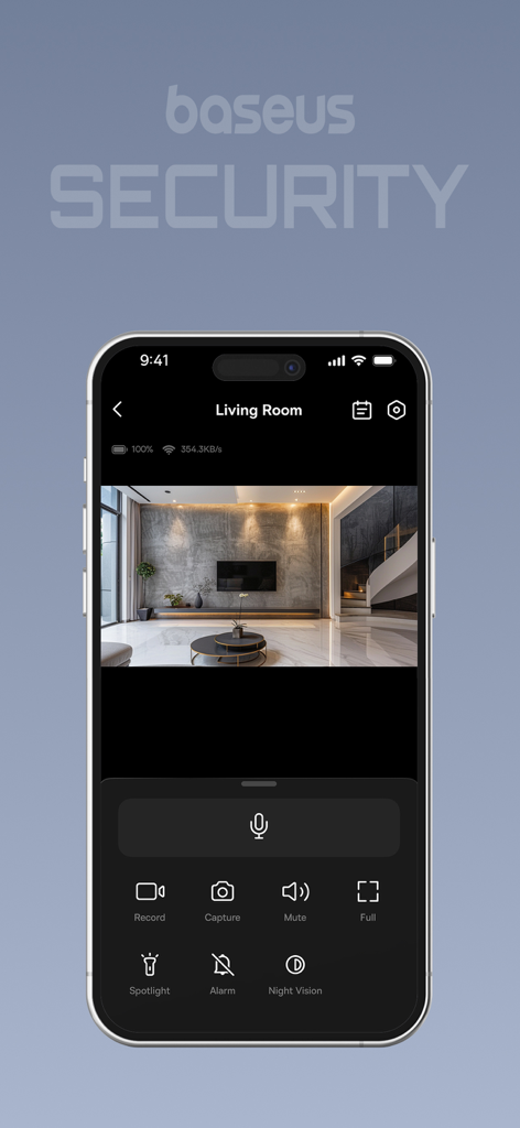 baseus Security - Smartphone displaying the Baseus Security app interface with a live video feed of a living room and security controls like recording and night vision.