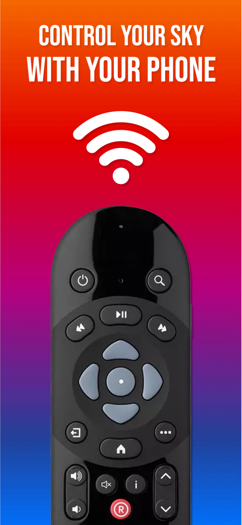 Remote Control for Sky Q - Una pantalla de aplicación de smartphone que muestra un control remoto Sky Q y un símbolo de wifi con el texto 'controla tu sky con tu teléfono'