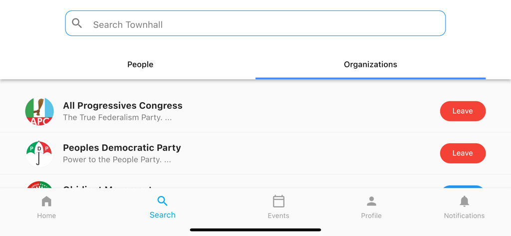 Resultados de búsqueda de organizaciones en la aplicación Townhall que muestran perfiles de partidos políticos