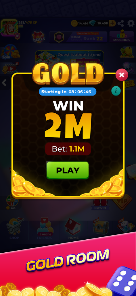 Ludo SuperStar game screen for a high stakes Gold Room match with a 2 million coin prize