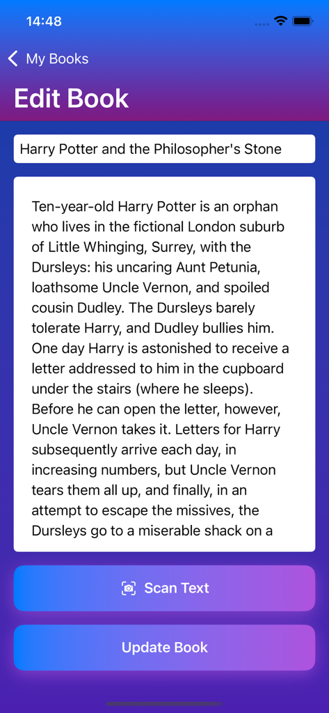 Speed Reading App - Speed Reading Appの「ブック編集」画面が表示され、テキストエリアと「テキストをスキャン」ボタンがあるインターフェース