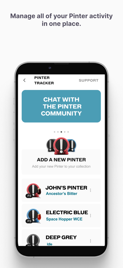 Pinter App - Schermata mobile dell'app Pinter che mostra un elenco di dispositivi di produzione attivi e un collegamento alla chat della community.