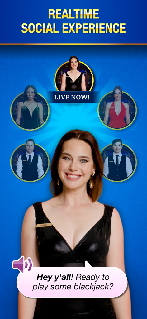 A live host inviting players to join a real-time social blackjack session with interactive voice commentary