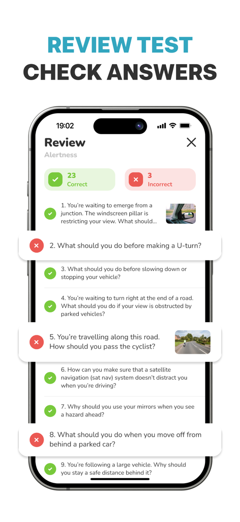 A mobile app screen showing a review of UK driving theory test results with correct and incorrect markings