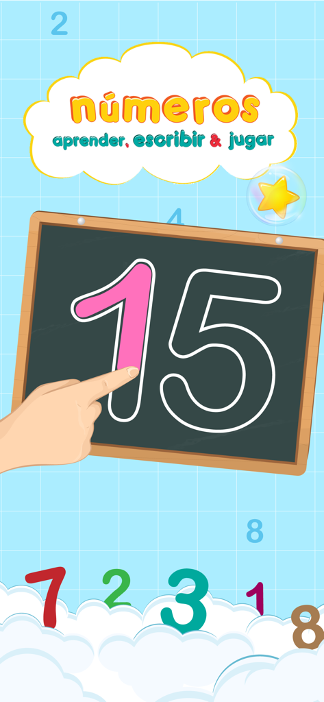 Un niño trazando el número quince en una pizarra digital en la aplicación Números para niños en español