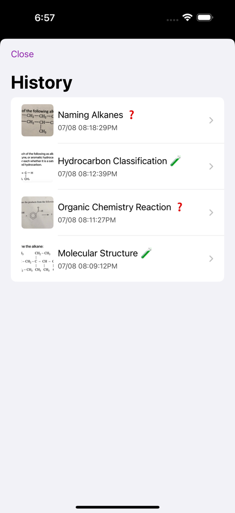 Chemistry AI - Homework Helper - History screen showing a list of solved chemistry problems such as organic reactions and molecular structures in the app.