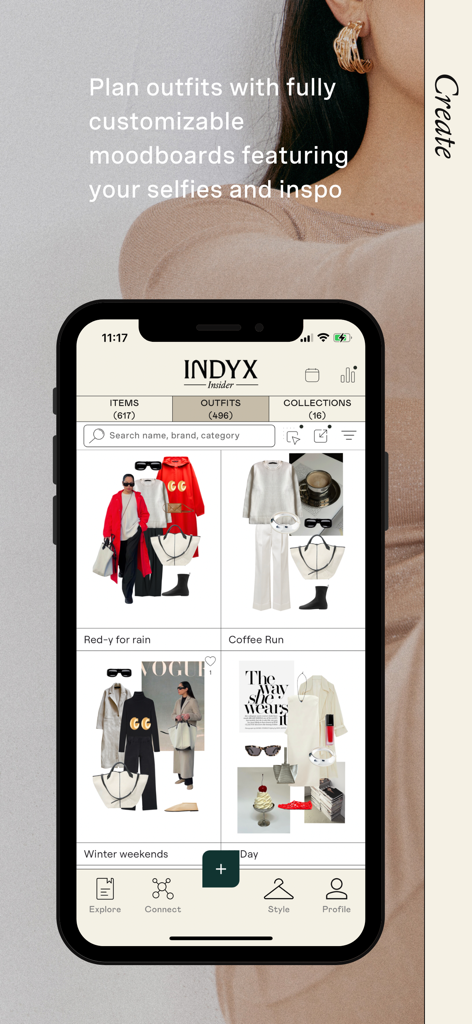 Interfaz de la aplicación Indyx mostrando moodboards de atuendos personalizables para la planificación de moda