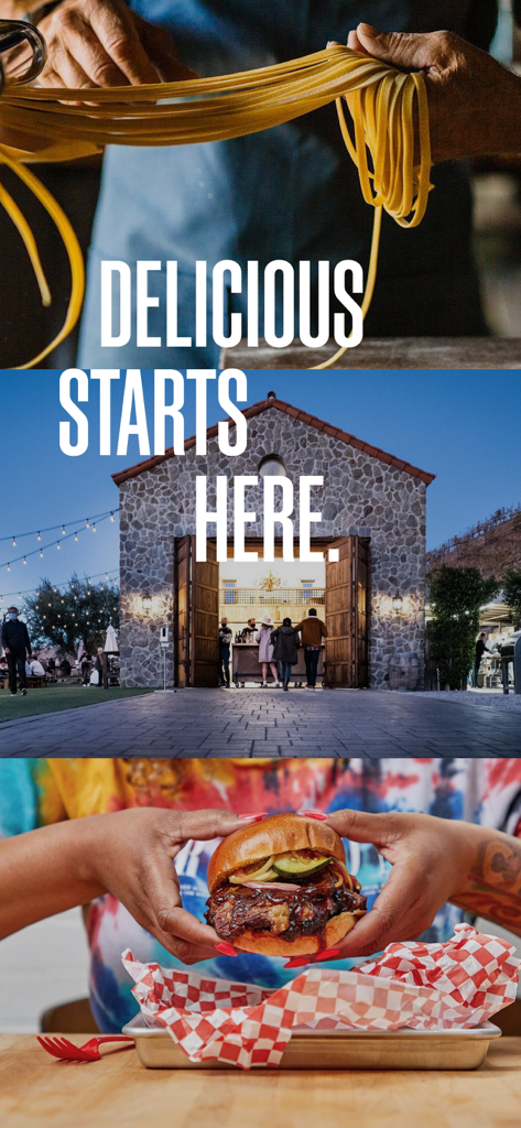 Un collage montrant des pâtes fraîches, l'entrée d'un vignoble en pierre et un hamburger gastronomique représentant des expériences culinaires uniques.