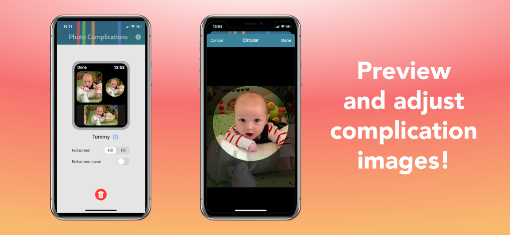 Photo Complications - iPhone screens showing how to preview and adjust custom photo complications for Apple Watch faces