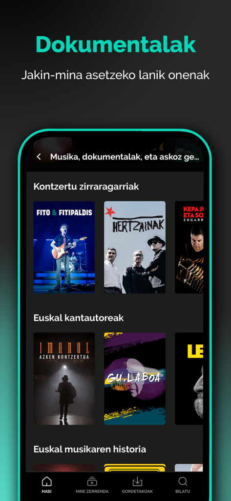 PRIMERAN - A mobile interface of the PRIMERAN app showcasing a selection of Basque documentaries and music concerts.