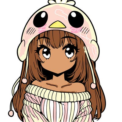 anime girl with chick shaped hat with sweater with bare shoulders with bangs covering them one eye with low tail