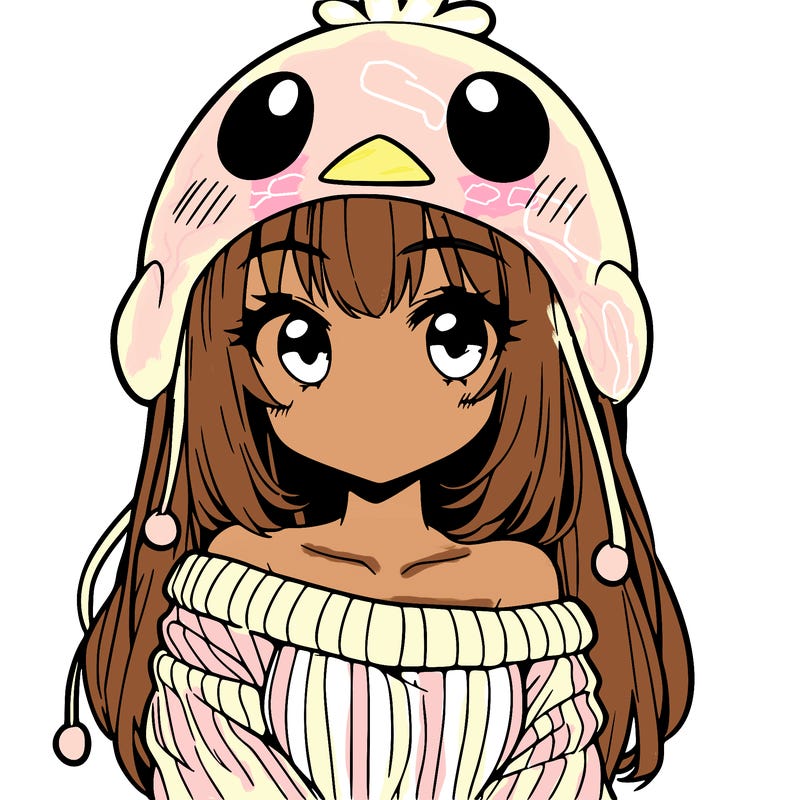 anime girl with chick shaped hat with sweater with bare shoulders with bangs covering them one eye with low tail