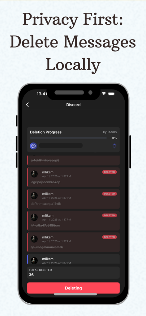 Unpost: Bulk Delete Messages - Unpost app interface showing progress of bulk deleting Discord messages with local encryption.