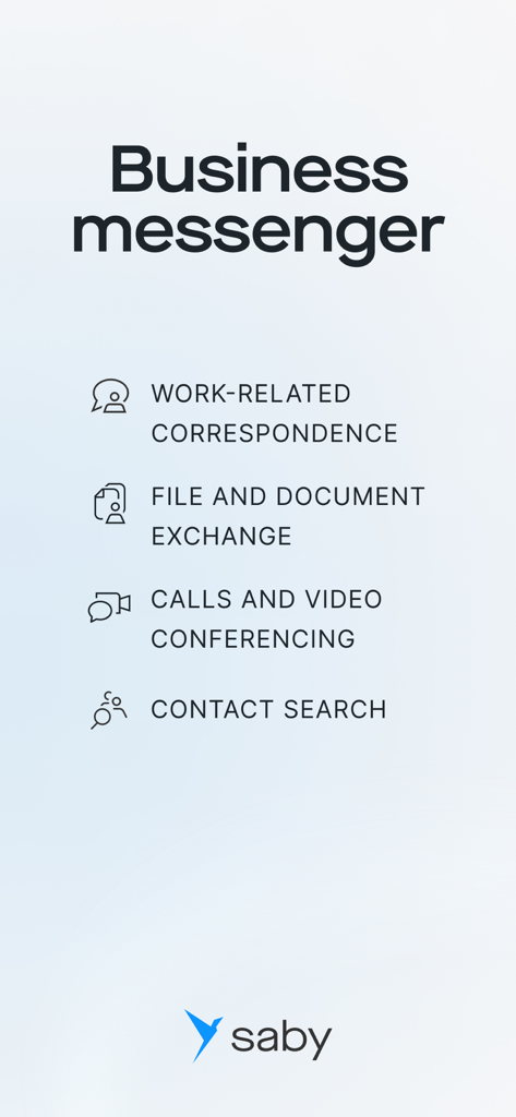 Saby Meet - Saby Meet business messenger features including work correspondence document exchange video conferencing and contact search