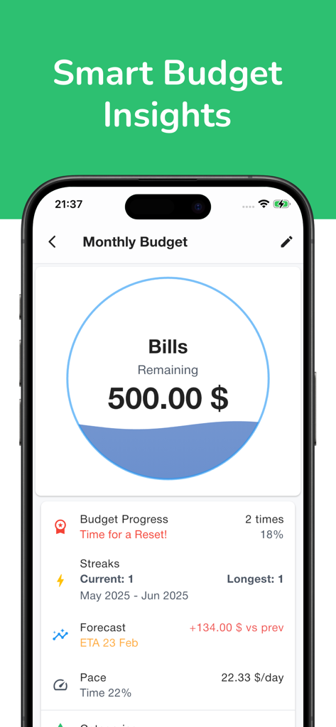 Budget Buddy: Expense Manager - Budget Buddy app screen displaying smart budget insights and remaining funds for monthly bills