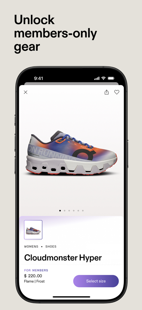 Eine Produktseite in der On App, die den Cloudmonster Hyper Laufschuh mit einer Nachricht über das Freischalten von Artikeln nur für Mitglieder zeigt.