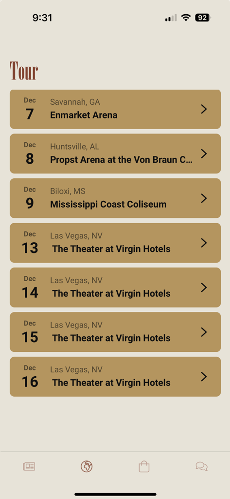 Lainey Wilson - Mobile app screen displaying a list of upcoming Lainey Wilson concert tour dates and venue locations