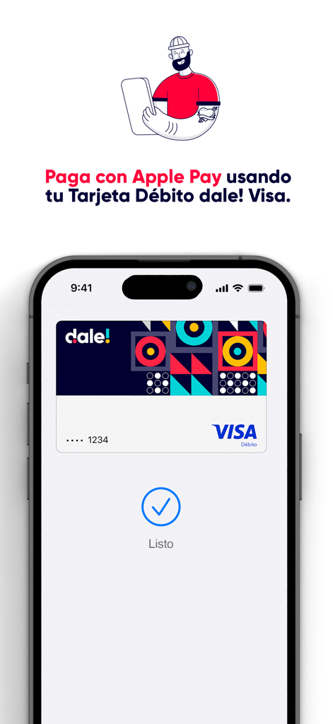 dale! Colombia - Pantalla de smartphone mostrando una tarjeta de débito Visa de dale! lista para pagar con Apple Pay.
